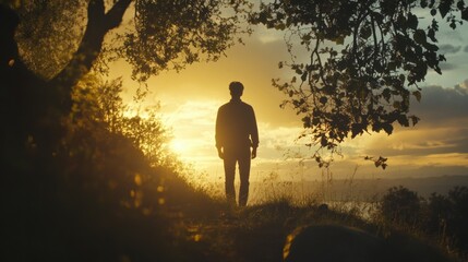 Silhouette of a Man Standing on a Hill at Sunset