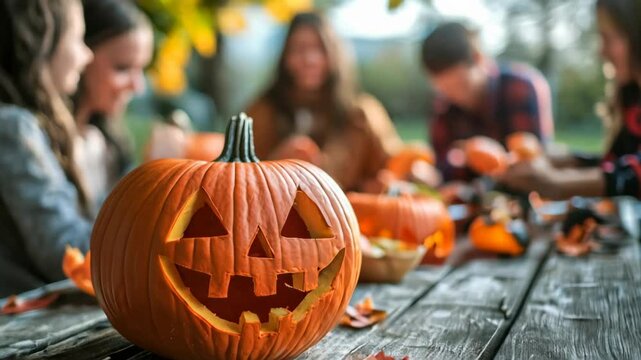 Group of friends carving pumpkins outdoors, focus on a smiling Jack-o'-lantern
