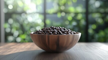 Coffee bean on wooden bowl in kitchen table with blurred background