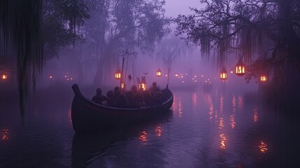 A Halloween-themed boat ride through a foggy swamp, with guests in creepy costumes and glowing lanterns hanging from the boat.