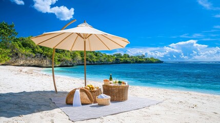 Serene Beach Picnic Setup Under a Large Umbrella
