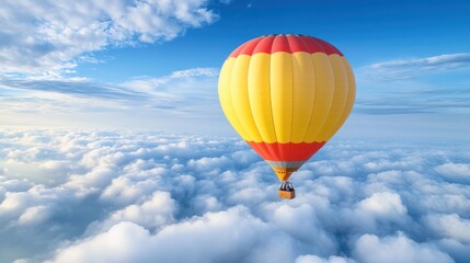 Naklejka premium Colorful hot air balloons soar above the clouds, offering a bird's-eye view of fluffy white clouds against a deep blue sky.