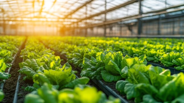 A large modern Greenhosue with rows of healthy green vegetables, eco-friendly sunny exposure, plants, professional photography
