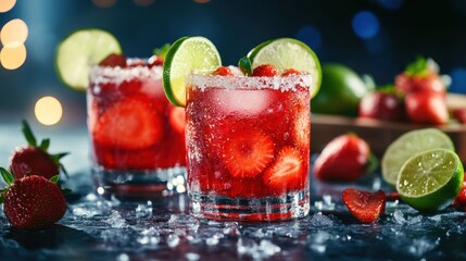 Two strawberry margaritas with strawberries, limes, and ice