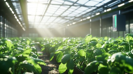 A large modern Greenhosue with rows of healthy green vegetables, eco-friendly sunny exposure, plants, professional photography