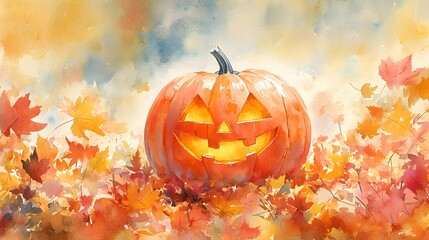 Smiling jack-o-lantern glowing in fall leaves, watercolor-style backdrop creating a cheerful Halloween mood