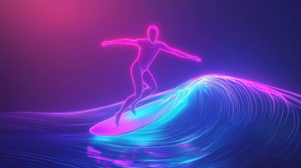 Neon wireframe surfer riding a vibrant wave