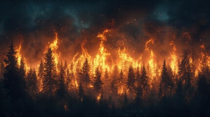 devastating forest fire glowing ominously in the night thick smoke rising into the starry sky creating an eerie atmosphere that captures the mystery and destruction of natures fury