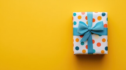 Vibrant Polka Dot Gift Box with Ribbon on Yellow Background