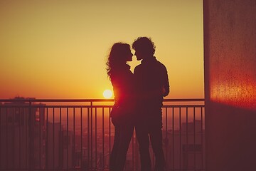 A couple shares a romantic moment on a balcony during sunset, overlooking a vibrant city skyline filled with warm orange hues