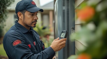 Technician wearing a uniform, holding a digital thermometer while checking the airflow of an air conditioning vent in a residential home.