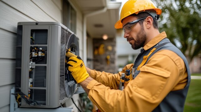Technician in uniform and safety gloves, inspecting the wiring of an air conditioning unit in a modern home, ensuring everything is in working order.