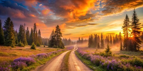 Obraz premium Serene Forest Path at Sunrise, Golden Light Bathes the Landscape, Mist Rises from the Meadows, Trees Stand Tall Against the Sky, Purple Wildflowers Bloom Along the Way