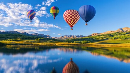 Fototapeta premium A group of hot air balloons are flying over a lake