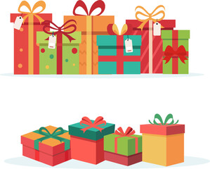 Christmas presents set, different boxes with ribbons, Vector illustration in flat style