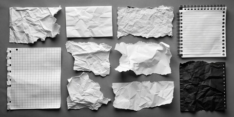 A collection of crumpled paper scraps, a notebook, and a gridded sheet of paper against a neutral backdrop