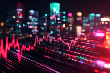 Obraz premium Vibrant city skyline with digital data visualization and colorful lights
