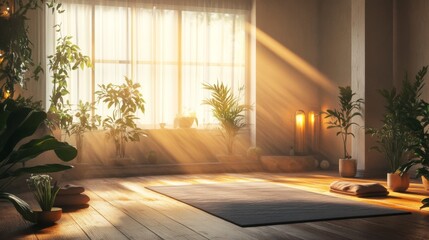 Fototapeta premium Tranquil Yoga Studio with Soft Lighting and Plants