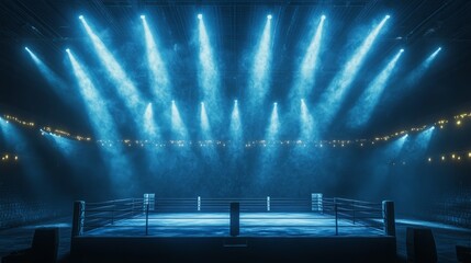 Empty boxing ring with bright lights and fog in an arena.