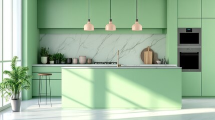 A kitchen with a green countertop and white marble backsplash