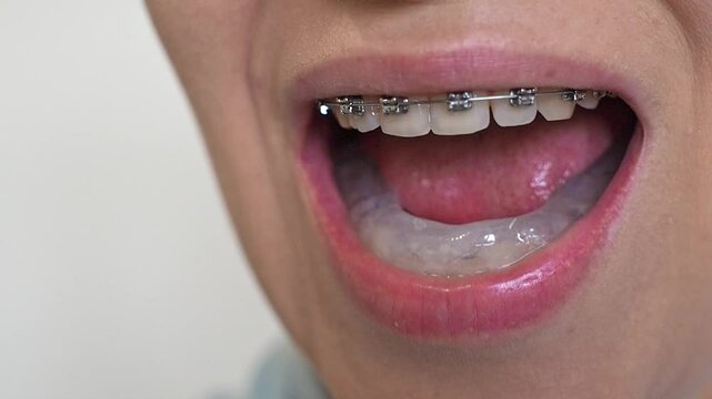 Woman puts dental splint guard in her mouth. TMJ splint disorder treatment. Occlusal splint. Prevent bruxism. Mouth guard for TMJ. Teeth protection. Pain in jaw. Teeth grinding.