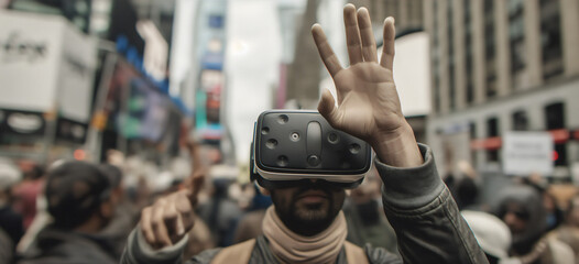 A person wearing virtual reality goggles waves their hand in a busy Times Square during a lively public demonstration