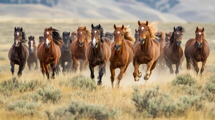 A herd of majestic brown wild horses running freely across the vast field and open lands, animal photography, eco-friendly nature, professional shot