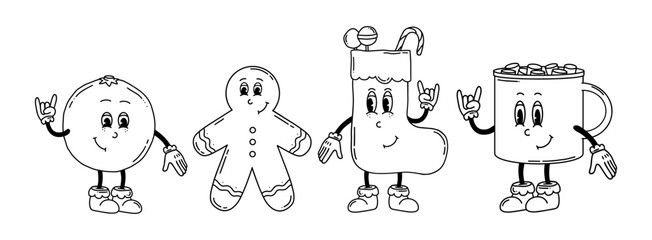 Christmas Groovy line vector set. Hand drawn Christmas Stocking, orange, mug of cocoa, Gingerbread man in trendy retro style. Groovy 70s 60s 50s characters. Merry Christmas and Happy New year