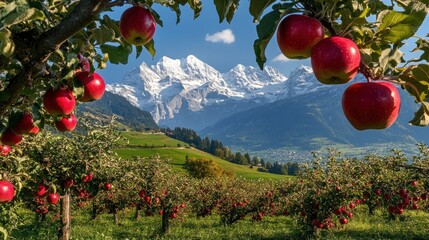 Apple Orchard with Snow-capped Mountains in the Background