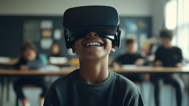 young african american boy with VR headset in a classroom at school