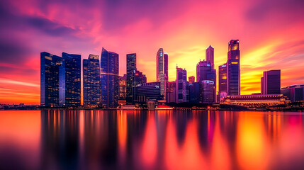 Obraz premium Stunning Sunset Over City Skyline Reflection