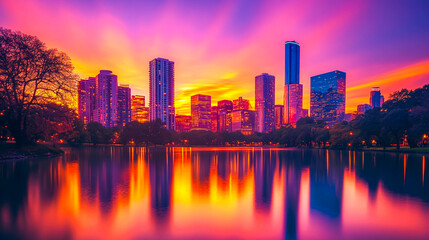 Fototapeta premium Vibrant City Sunset Reflection Over Water