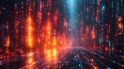 digital rain cascades through a futuristic landscape symbolizing the flow of data and cloud computing blending elements of technology and artistic expression in a vibrant color palette