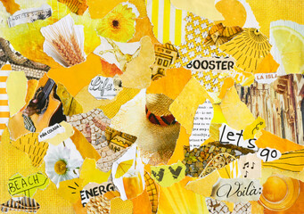 yellow, white summer inspiration collage mood board of waste paper results in modern art
