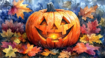 Friendly jack-o-lantern shining with a smile, surrounded by colorful fall leaves and a watercolor-style backdrop