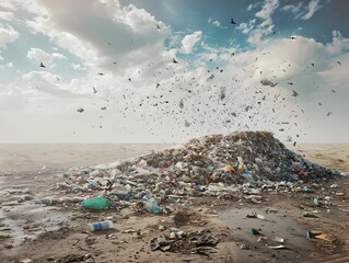 Surreal Landscape of Garbage Raining Down from the Sky Piling Up on Desolate Barren Land