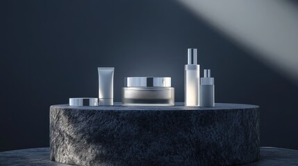 A collection of beauty products are displayed on a stone surface