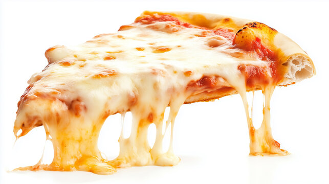 A hot pizza slice with dripping melted cheese. Isolated on white background