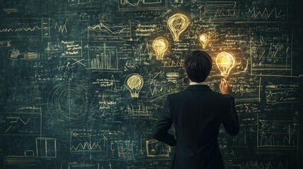 A Businessperson Drawing an Idea on a Blackboard Filled with Data and Charts