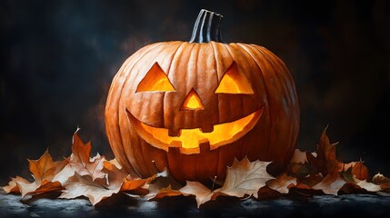 Happy jack-o-lantern glowing among fall leaves, watercolor background setting the scene for Halloween fun