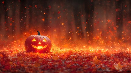 Naklejka premium Glowing jack-o-lantern smiling among fall leaves, watercolor-style background creating a fun and playful Halloween mood