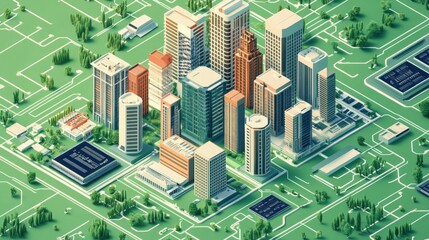Isometric view of a smart city with microchips and electronic patterns illustrating smart city management using IoT technologies