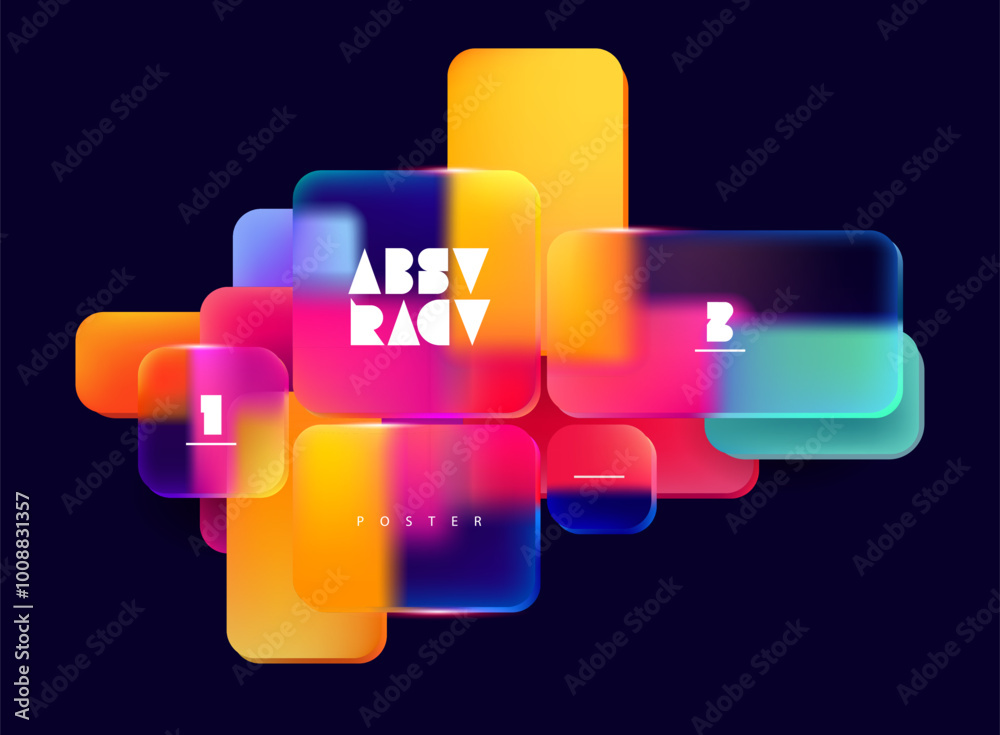 Fototapete 3d color squares and rectangles in glass morphism style. transparent frame for text with geometric s