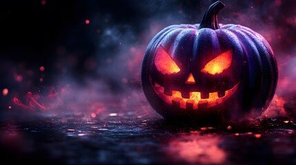 Naklejka premium Whimsical pumpkins with glowing eyes on a colorful Halloween party flyer template, cartoon style design perfect for celebrations