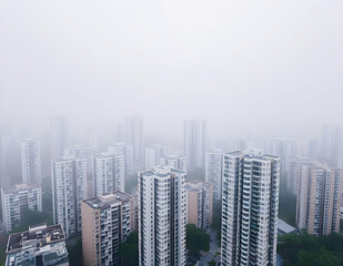 Obraz premium city street in the midnight with foggy , A lone bus sits at a foggy city, cross-sea bridge and skyscrapers over foggy city