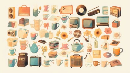 Watercolor images include vintage, retro-style items from 1960s Europe, such as coffee mugs, records, flower vases, TVs, radio players, leather-bound notebooks, and more, isolated into separate pieces