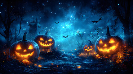 Fototapeta premium Colorful Halloween party flyer template with cartoon pumpkins, glowing jack-o-lanterns, and festive decorations