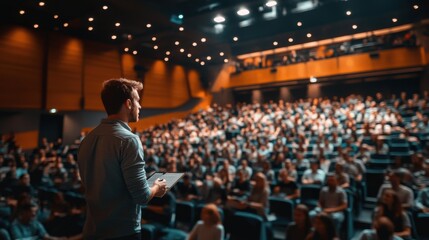 Wide angle photo of seminar, business management, training, students learning in a large auditorium.