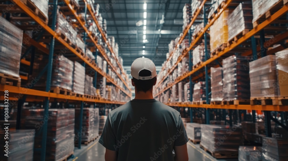 Poster a worker stands in a busy warehouse, overseeing multiple operations while surrounded by neatly stack