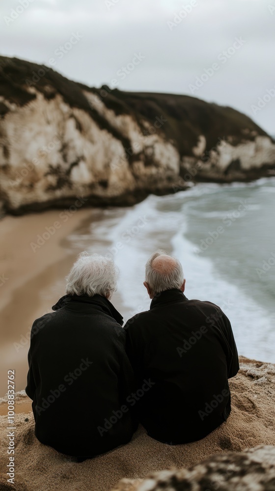 Wall mural Two elderly individuals sit together on a beach, gazing at the ocean and cliffs.